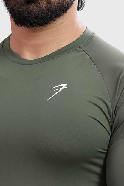 Olive Bare Nylon Fullsleeves T-shirt by Fuaark Nz, showing long sleeves and lightweight fabric detail on a white background.