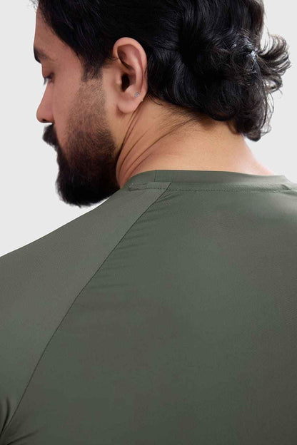 Olive Bare Nylon Fullsleeves T-shirt by Fuaark Nz, casual long-sleeve shirt with a sleek, minimalist design.