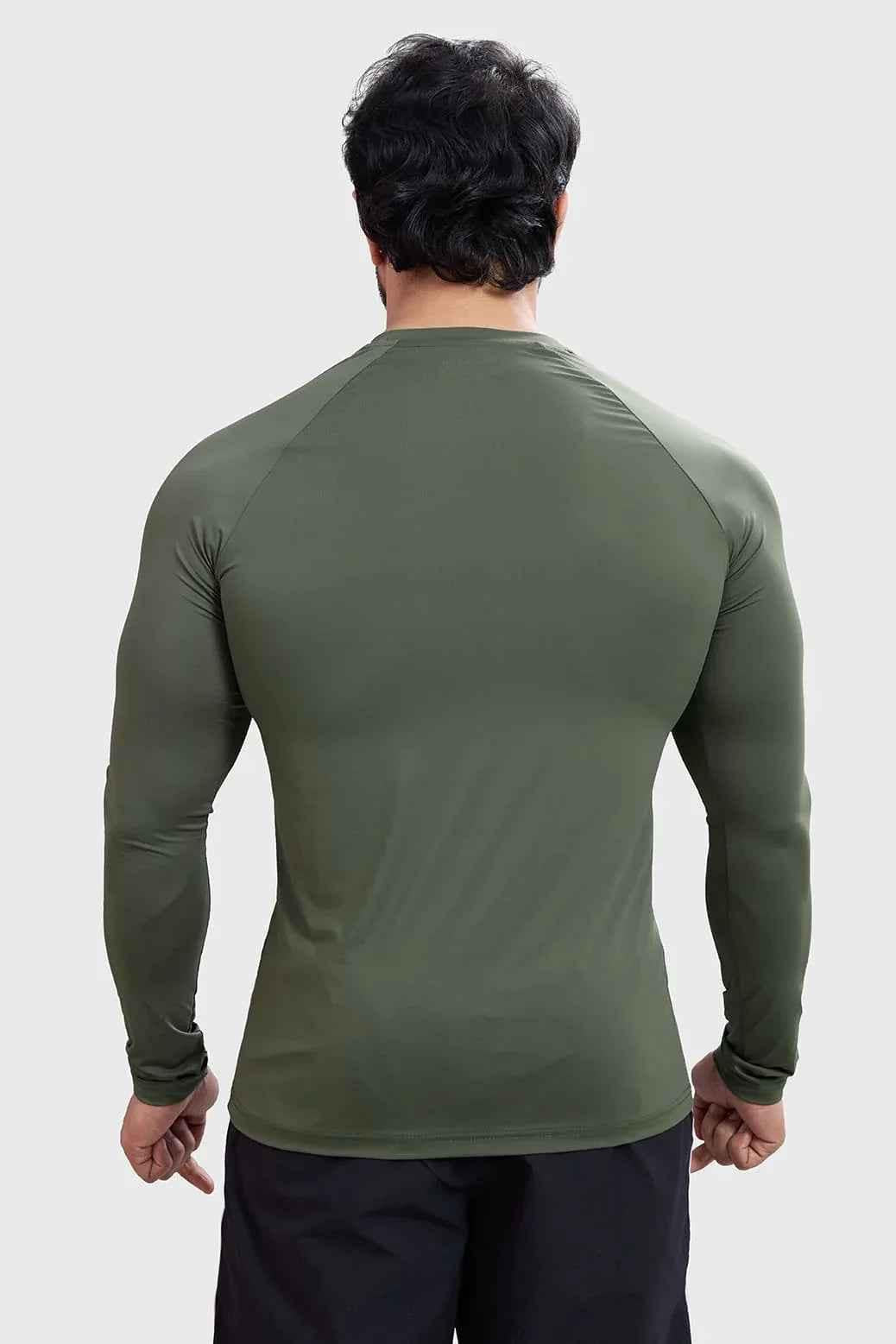 Fuaark Nz Bare Nylon Fullsleeves T-shirt in olive green, casual long-sleeve T-shirt made of lightweight nylon fabric.