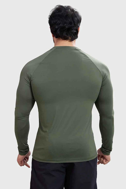 Fuaark Nz Bare Nylon Fullsleeves T-shirt in olive green, casual long-sleeve T-shirt made of lightweight nylon fabric.