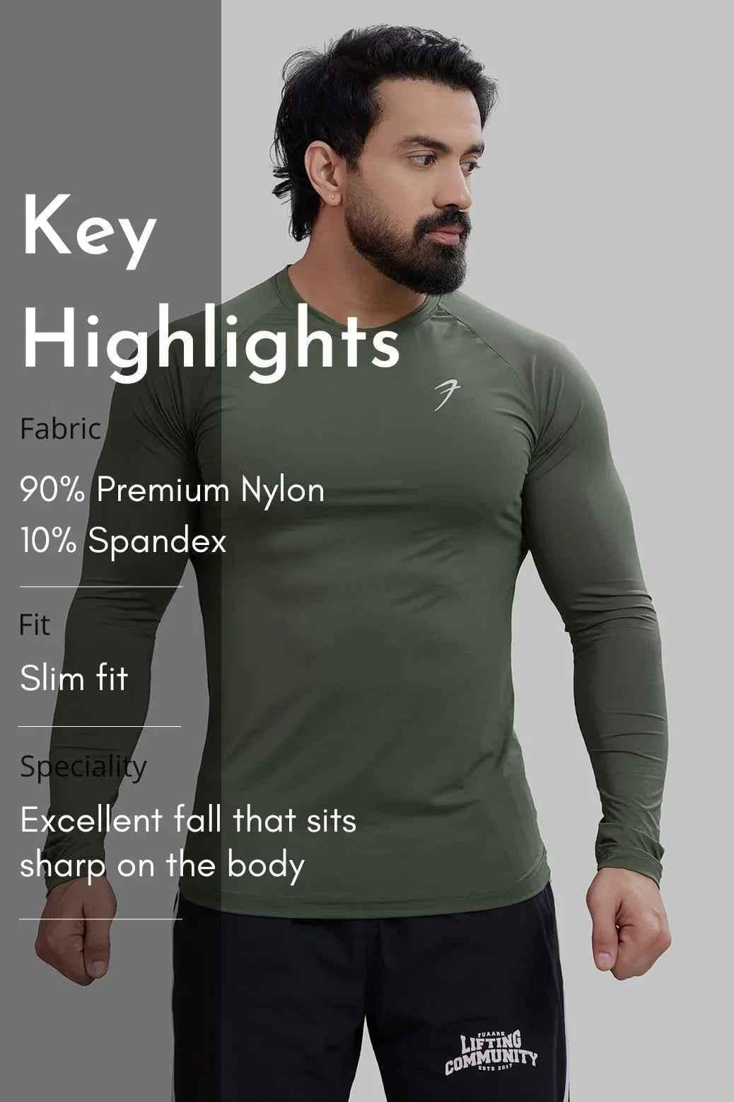Olive Bare Nylon Fullsleeves T-shirt by Fuaark Nz featuring a sleek, minimalist design and full-length long sleeves.