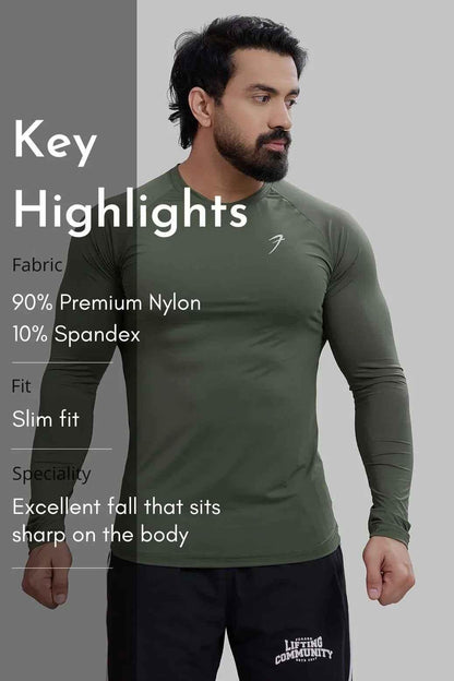 Olive Bare Nylon Fullsleeves T-shirt by Fuaark Nz featuring a sleek, minimalist design and full-length long sleeves.