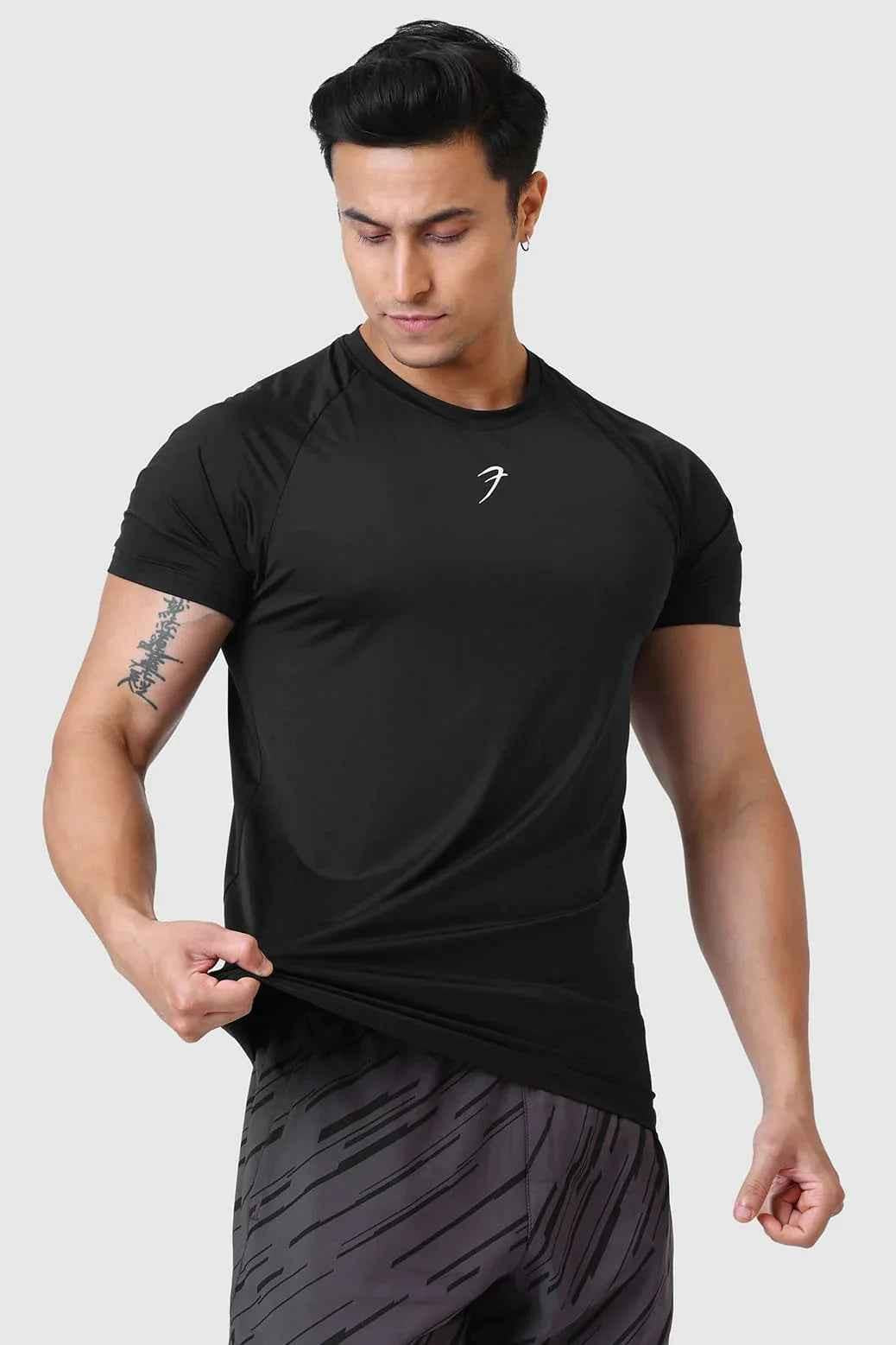 Black Bare Nylon T-shirt by Fuaark Nz, featuring a sleek, minimalist design and comfortable fit for casual wear.