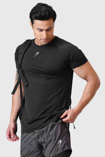 Black Bare Nylon T-shirt by Fuaark Nz, casual t-shirt with a sleek, minimalist design, shown on a plain background.