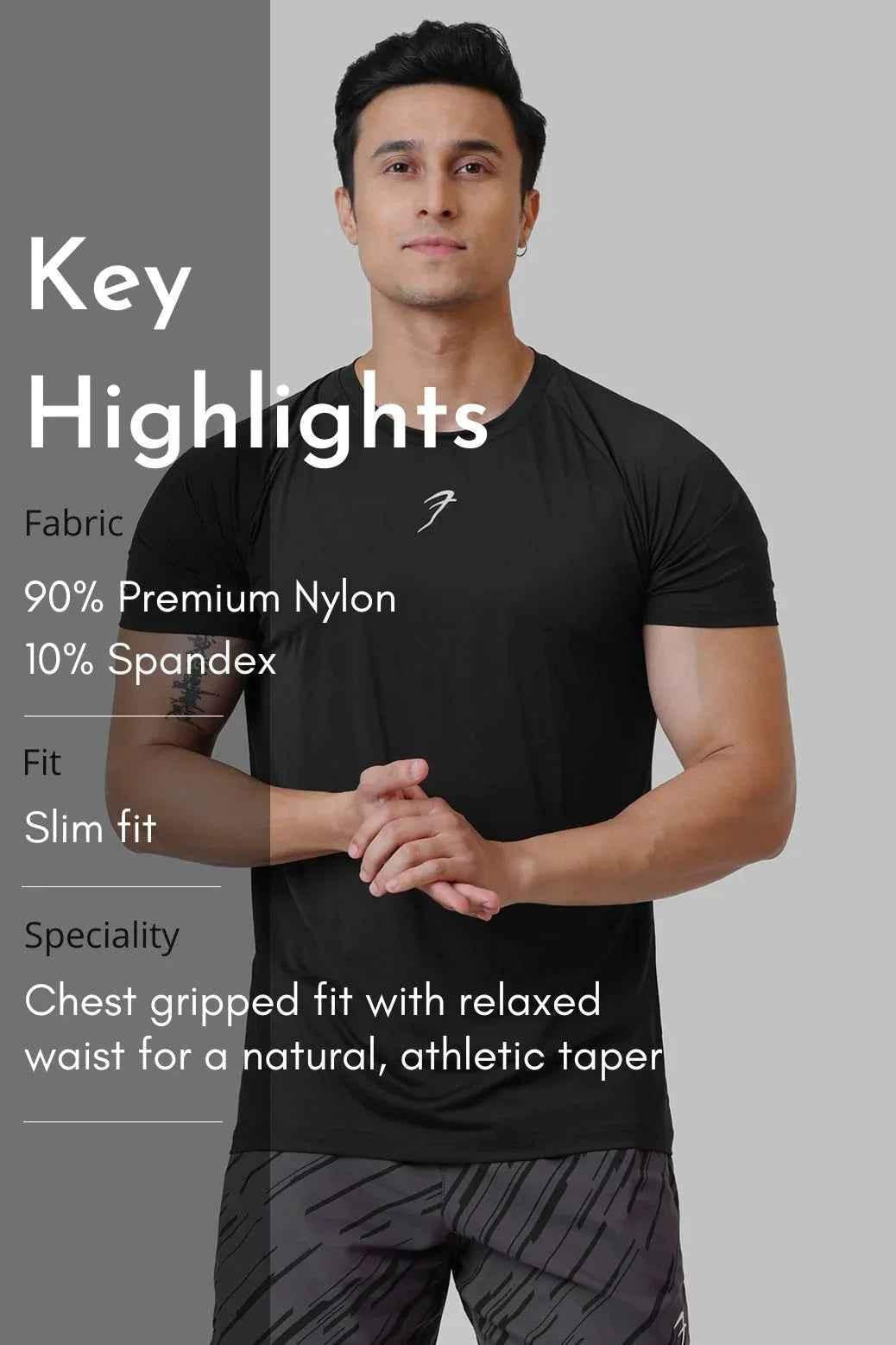 Black Bare Nylon T-shirt by Fuaark Nz, casual men's T-shirt with a smooth nylon fabric, showcased on a plain background.
