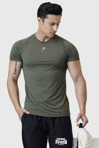 Olive Bare Nylon T-shirt by Fuaark Nz, showing a close-up of the lightweight, smooth fabric and simple crew neck design.