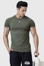 Olive Bare Nylon T-shirt by Fuaark Nz, showing a close-up of the lightweight, smooth fabric and simple crew neck design.