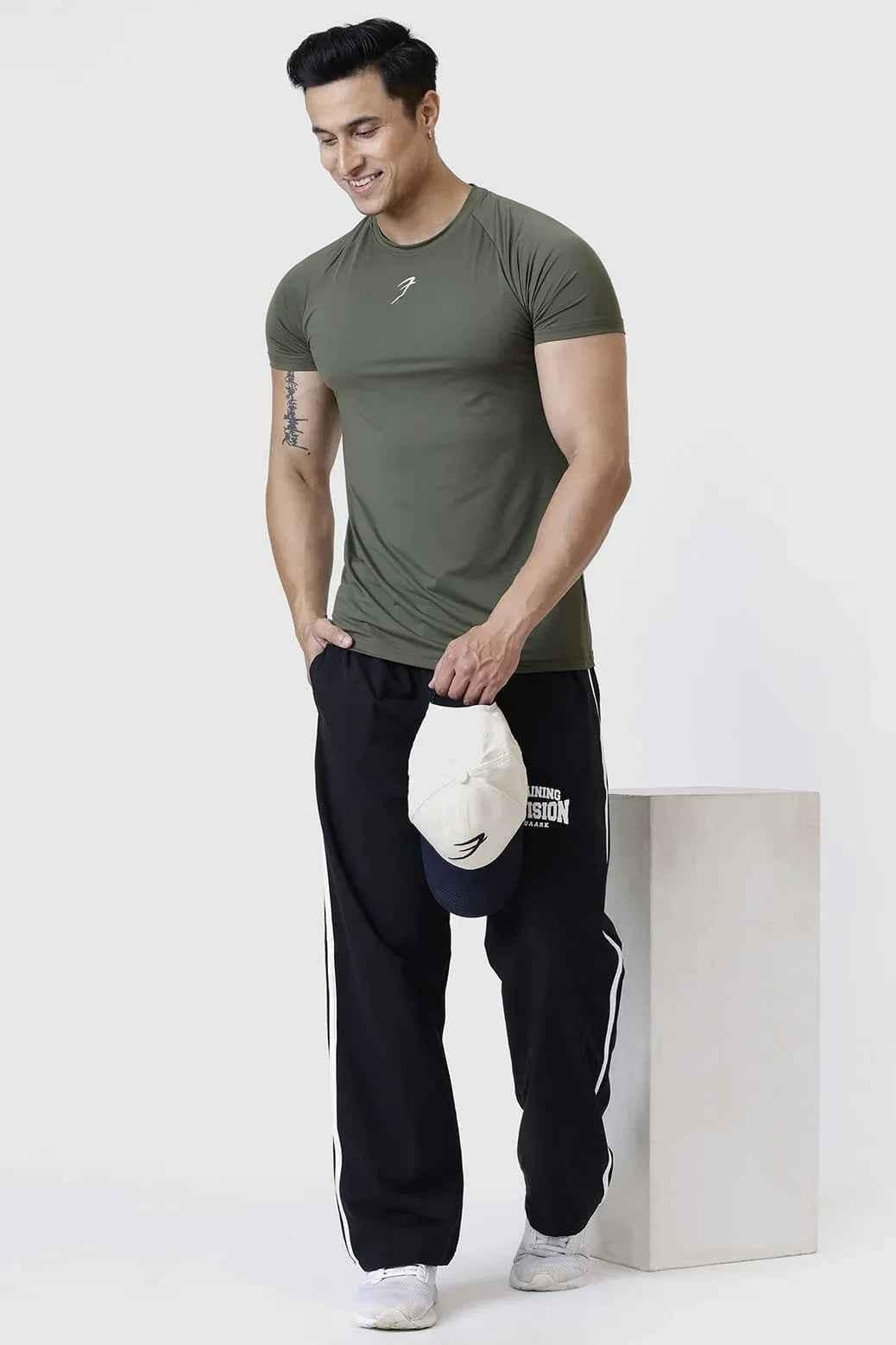 Olive Bare Nylon T-shirt by Fuaark Nz, casual men's T-shirt with a sleek nylon fabric appearance.