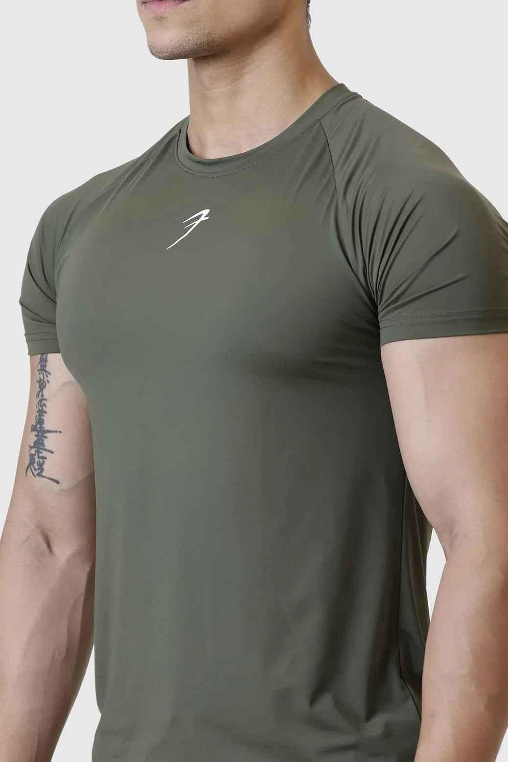 Olive Fuaark Nz Bare Nylon T-shirt displayed flat, showcasing its slim fit, soft fabric, and minimalist design for casual wear.