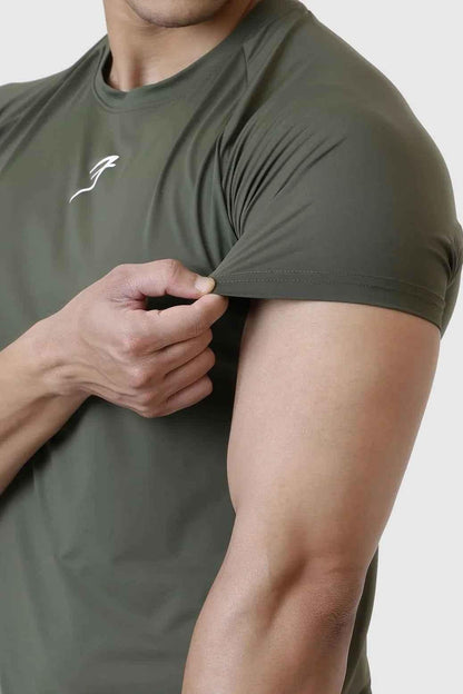 Olive Bare Nylon T-shirt by Fuaark Nz, showcasing a sleek, minimalist design with a comfortable fit and smooth fabric texture.