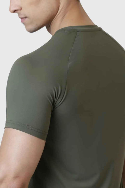 Olive Bare Nylon T-shirt by Fuaark Nz featuring a casual fit and sleek nylon fabric.