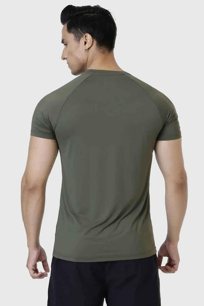 Olive Bare Nylon T-shirt by Fuaark Nz, showcasing a casual, fitted design with smooth nylon fabric and short sleeves.