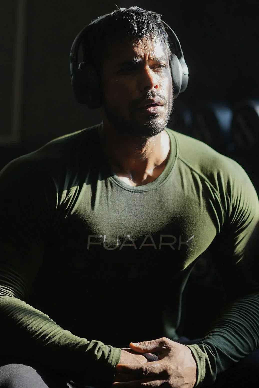 Olive green Chase full sleeves T-shirt by Fuaark Nz, casual long-sleeve shirt with round neckline, shown on a plain background.