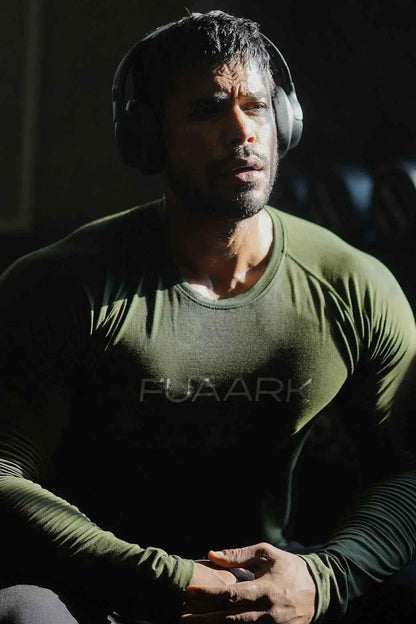 Olive green Chase full sleeves T-shirt by Fuaark Nz, casual long-sleeve shirt with round neckline, shown on a plain background.