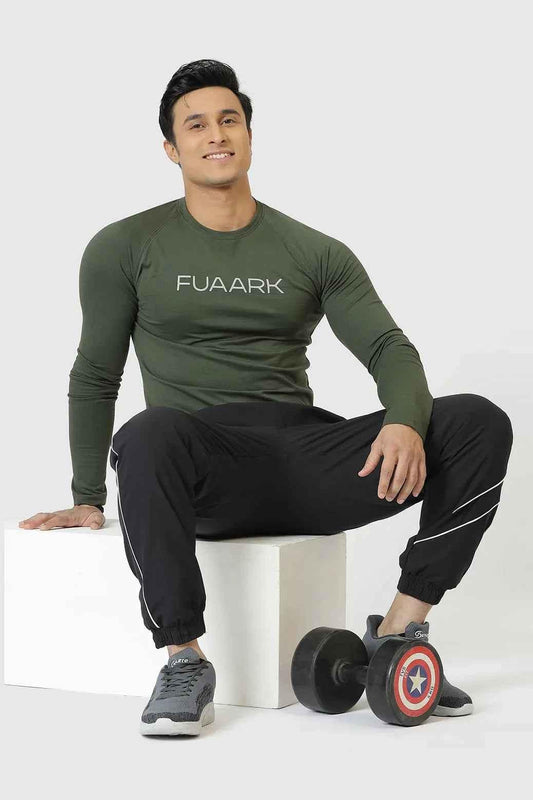 Olive green Chase full-sleeves T-shirt by Fuaark NZ, shown on a plain background, highlighting the casual style and fabric texture.