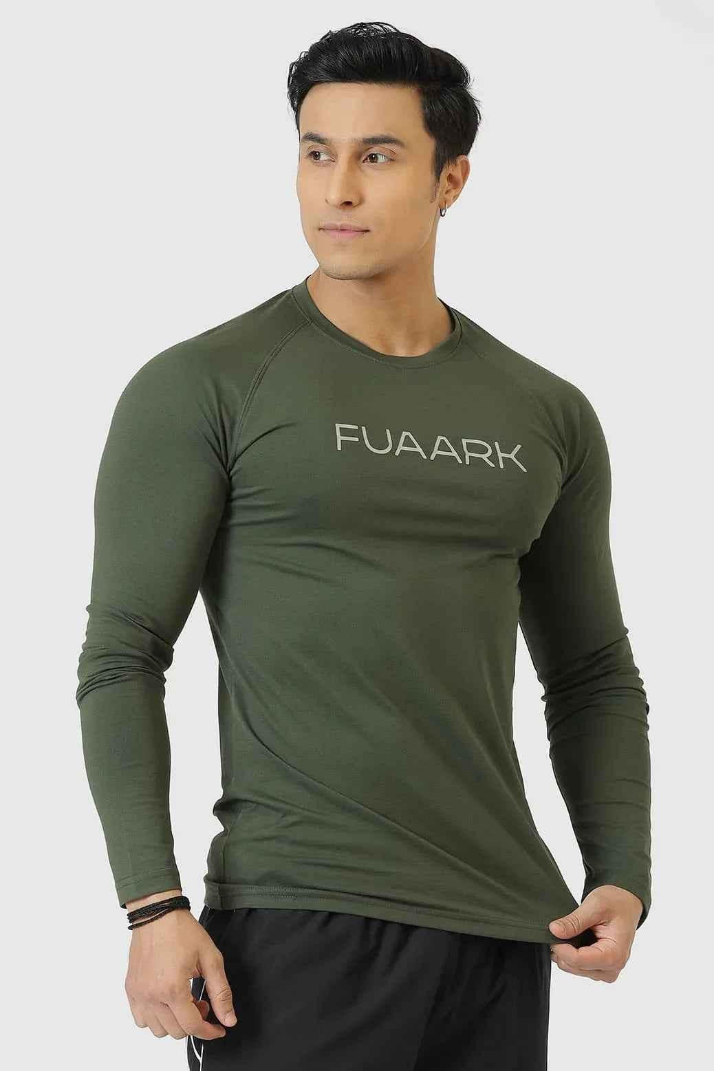 Olive green Chase full sleeves T-shirt by Fuaark NZ, showing the fitted casual design and soft fabric.