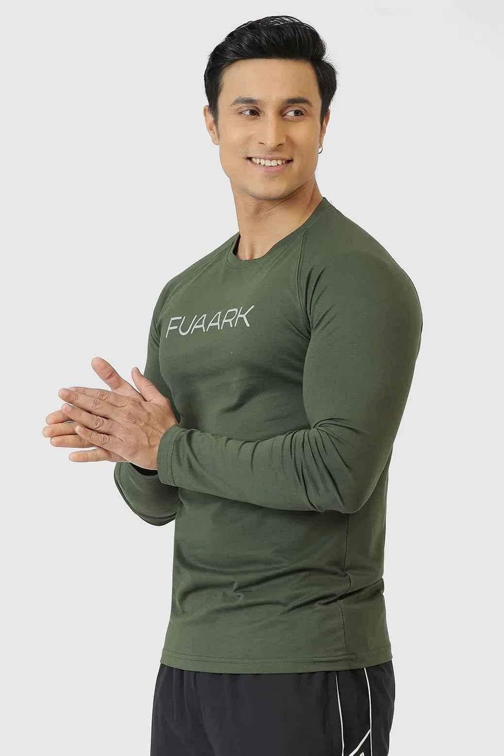 Olive green Chase full sleeves T-shirt by Fuaark Nz with crew neckline and fitted design, displayed on a plain background.
