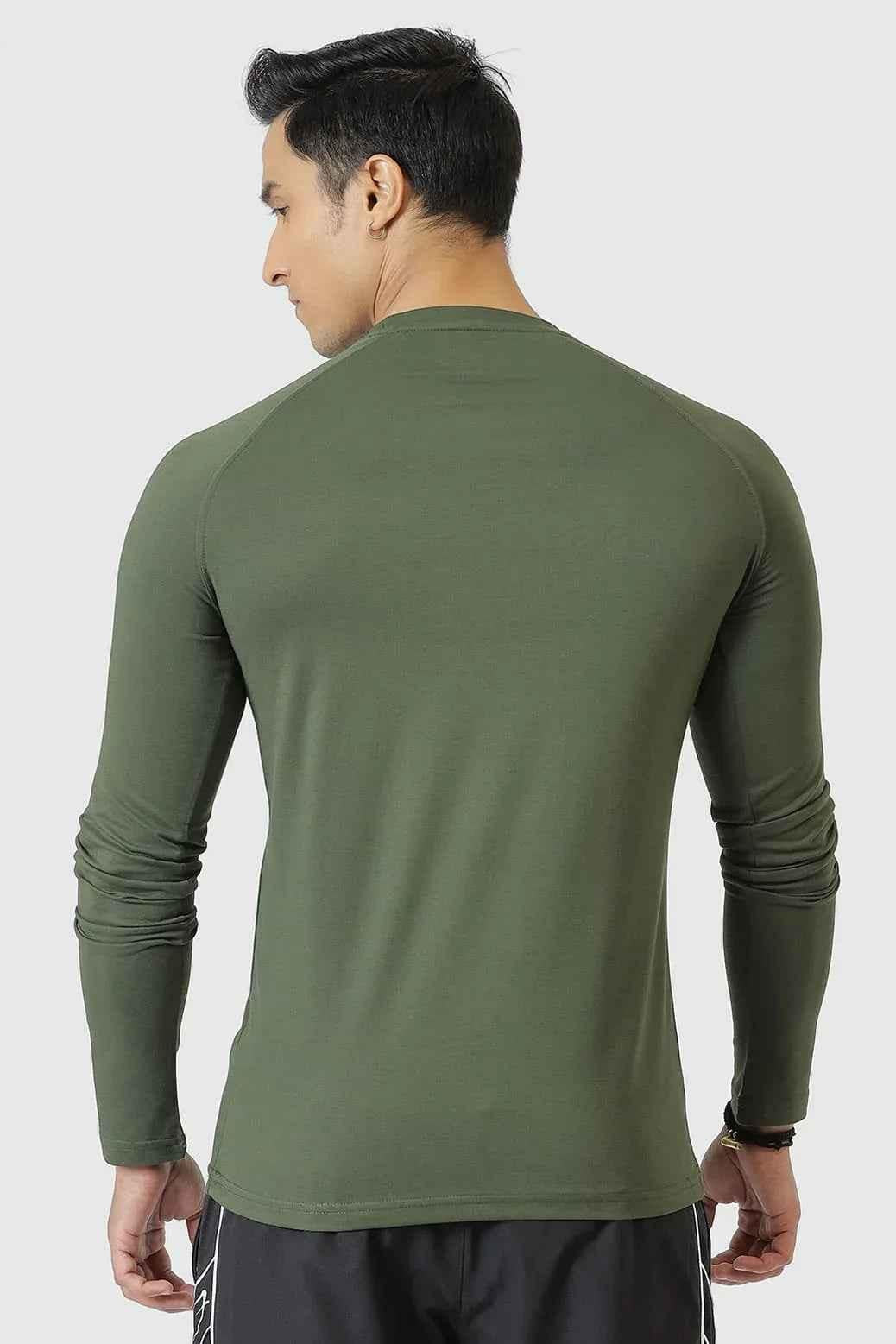 Olive green Chase full sleeves T-shirt by Fuaark Nz, featuring a comfortable fit and casual style, shown on a plain background.