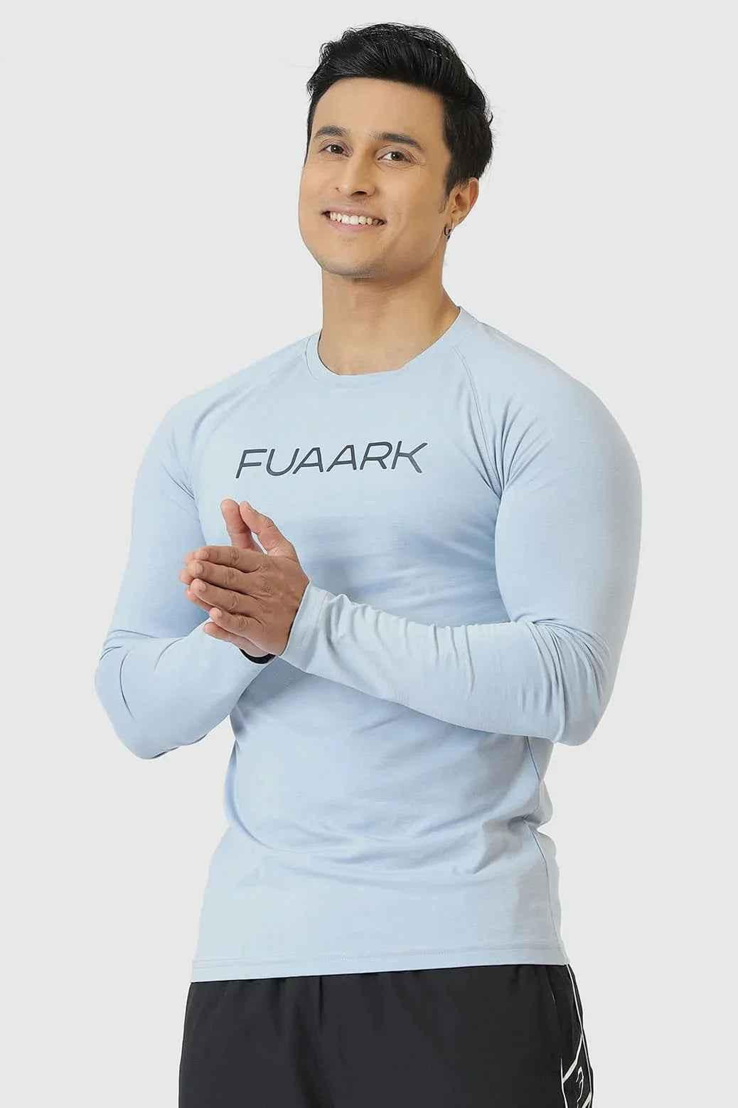 Sky blue Chase full sleeves T-shirt by Fuaark Nz, shown flat with visible round neckline and long sleeves.