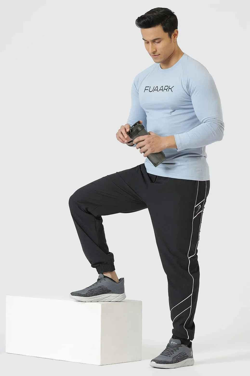 Sky blue Chase full sleeves T-shirt by Fuaark Nz, showing front view with crew neck and long sleeves.