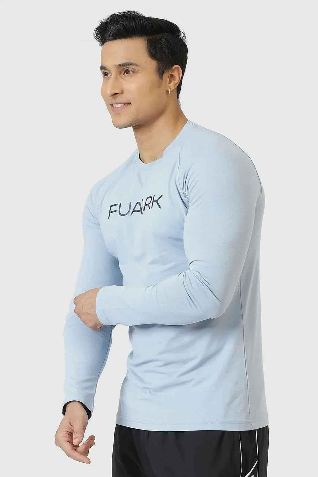 Sky blue Chase full sleeves T-shirt by Fuaark Nz with comfortable, casual design, displayed on a plain background.