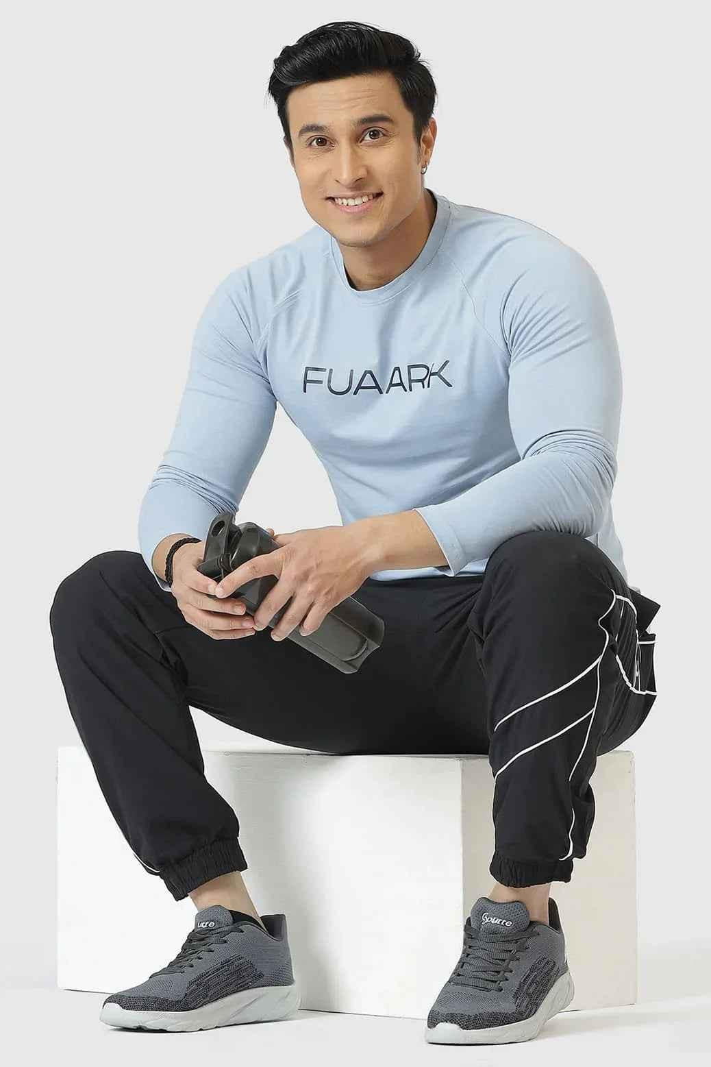 Sky blue Chase full sleeves T-shirt by Fuaark Nz, featuring a comfortable fit and casual style, shown on a flat lay.