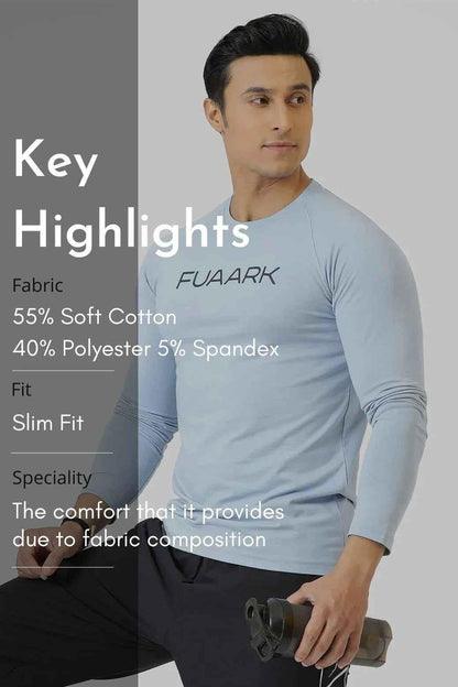 Sky blue Chase full sleeves T-shirt by Fuaark Nz, featuring a casual fit and comfortable fabric, displayed on a hanger.