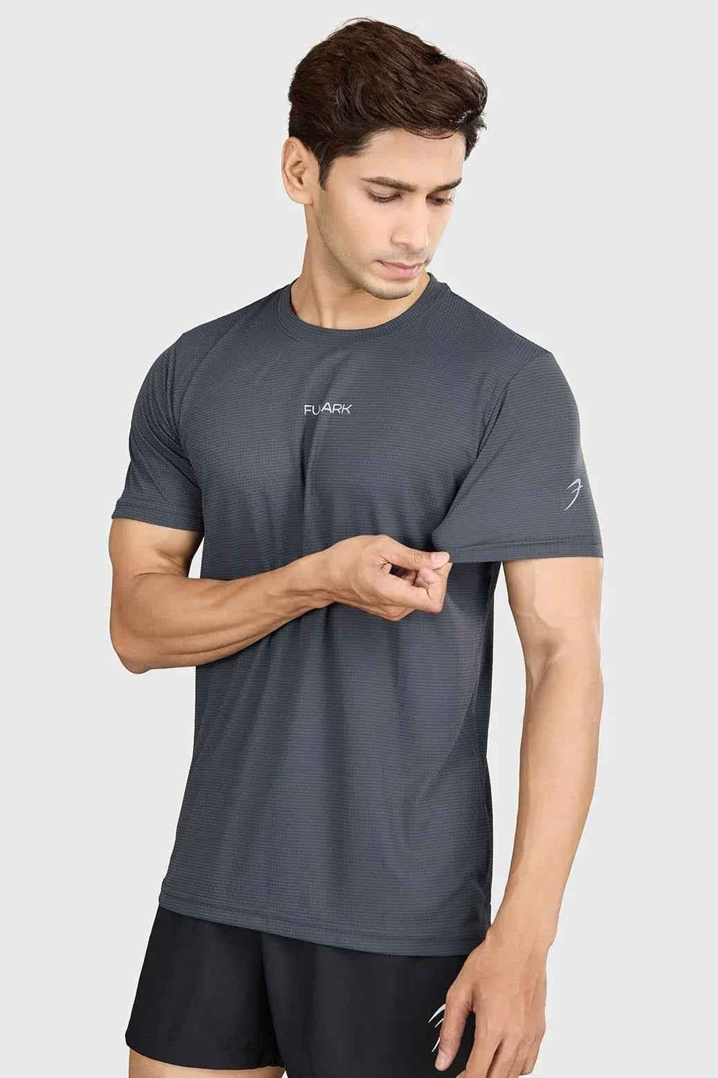 Grey Fuaark Nz running T-shirt with checks, lightweight and breathable performance tee for active wear.