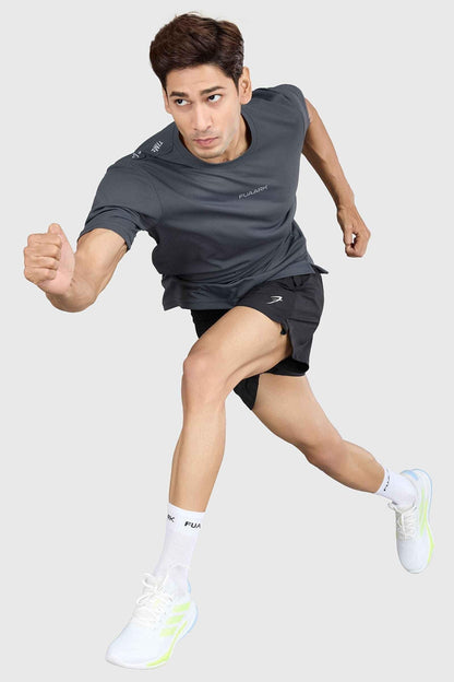 Fuaark NZ grey checkered running T-shirt, lightweight and breathable performance tee for active wear.