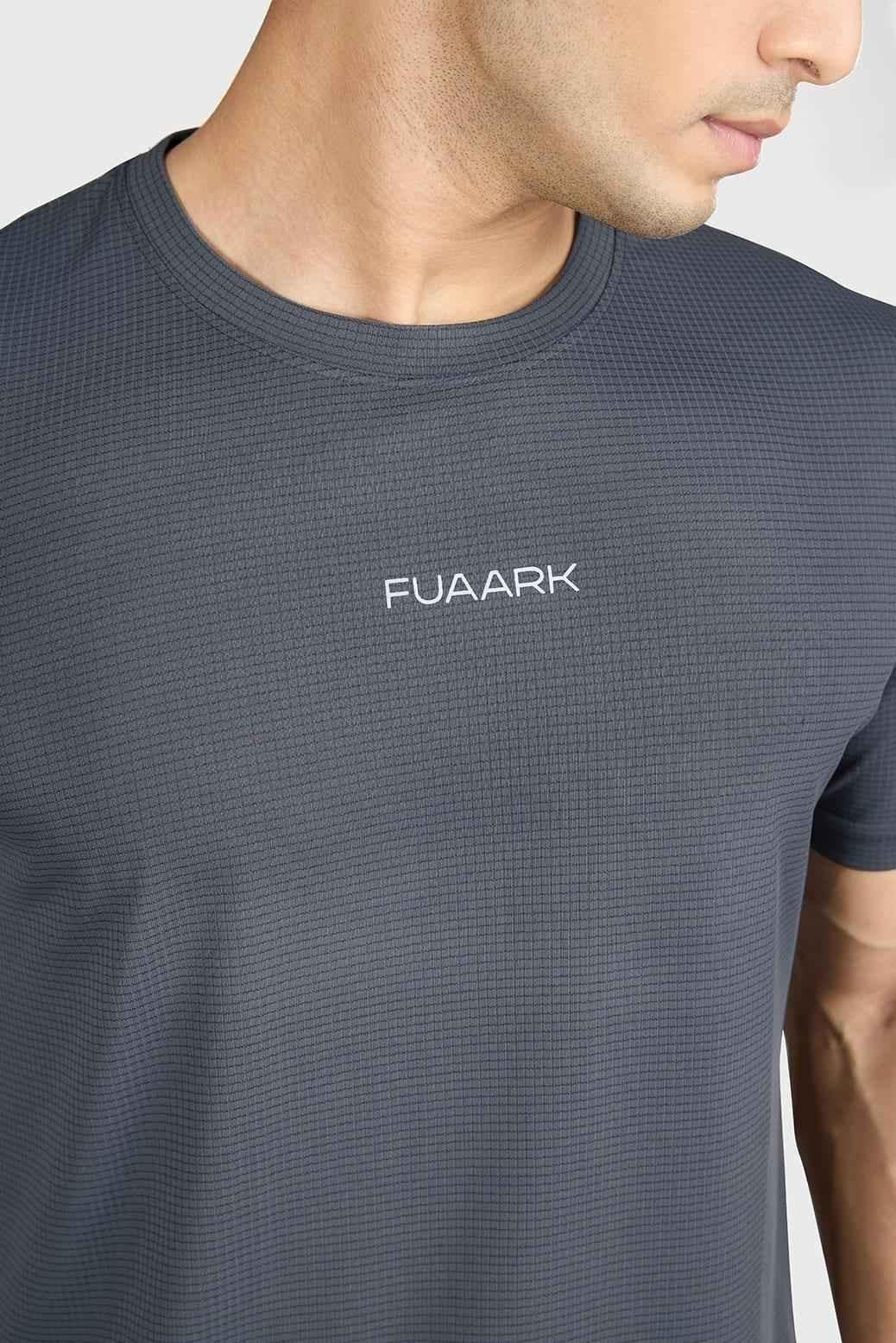 Fuaark Nz grey checkered running T-shirt, lightweight and breathable performance tee for active wear.