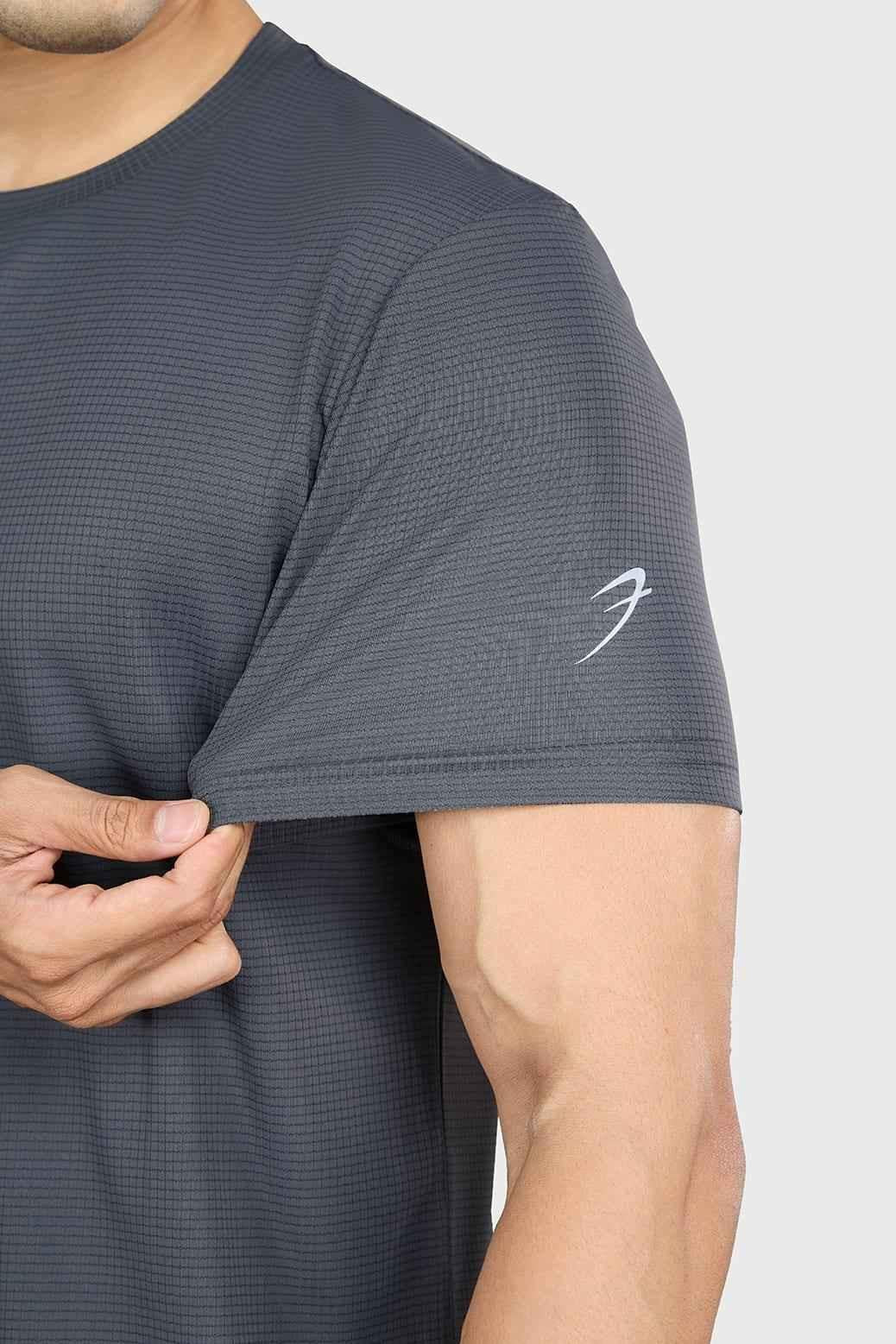 Fuaark NZ grey Checks running T-shirt, lightweight and breathable performance tee designed for active wear and comfort.