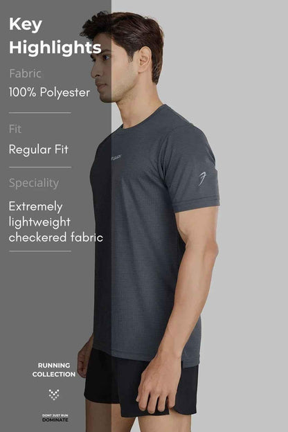 Fuaark Nz grey checks running T-shirt, lightweight and breathable performance tee for active wear and running.