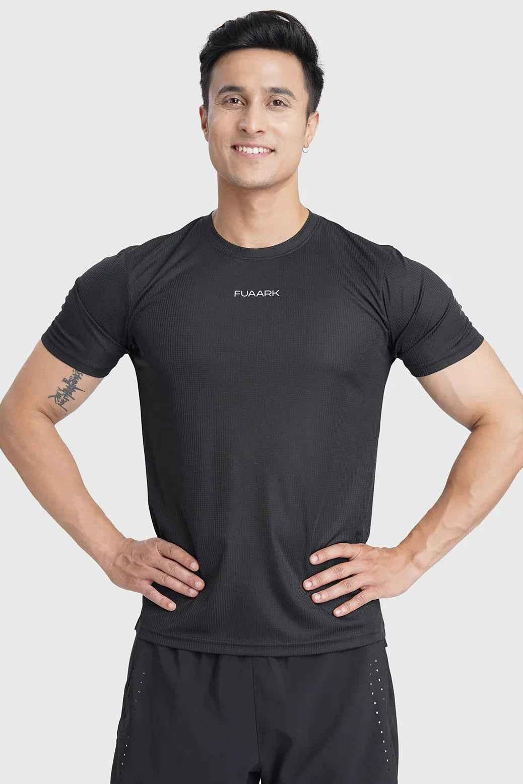 Black Checks Running T-shirt by Fuaark NZ, showing a casual athletic T-shirt with check pattern and round neckline.