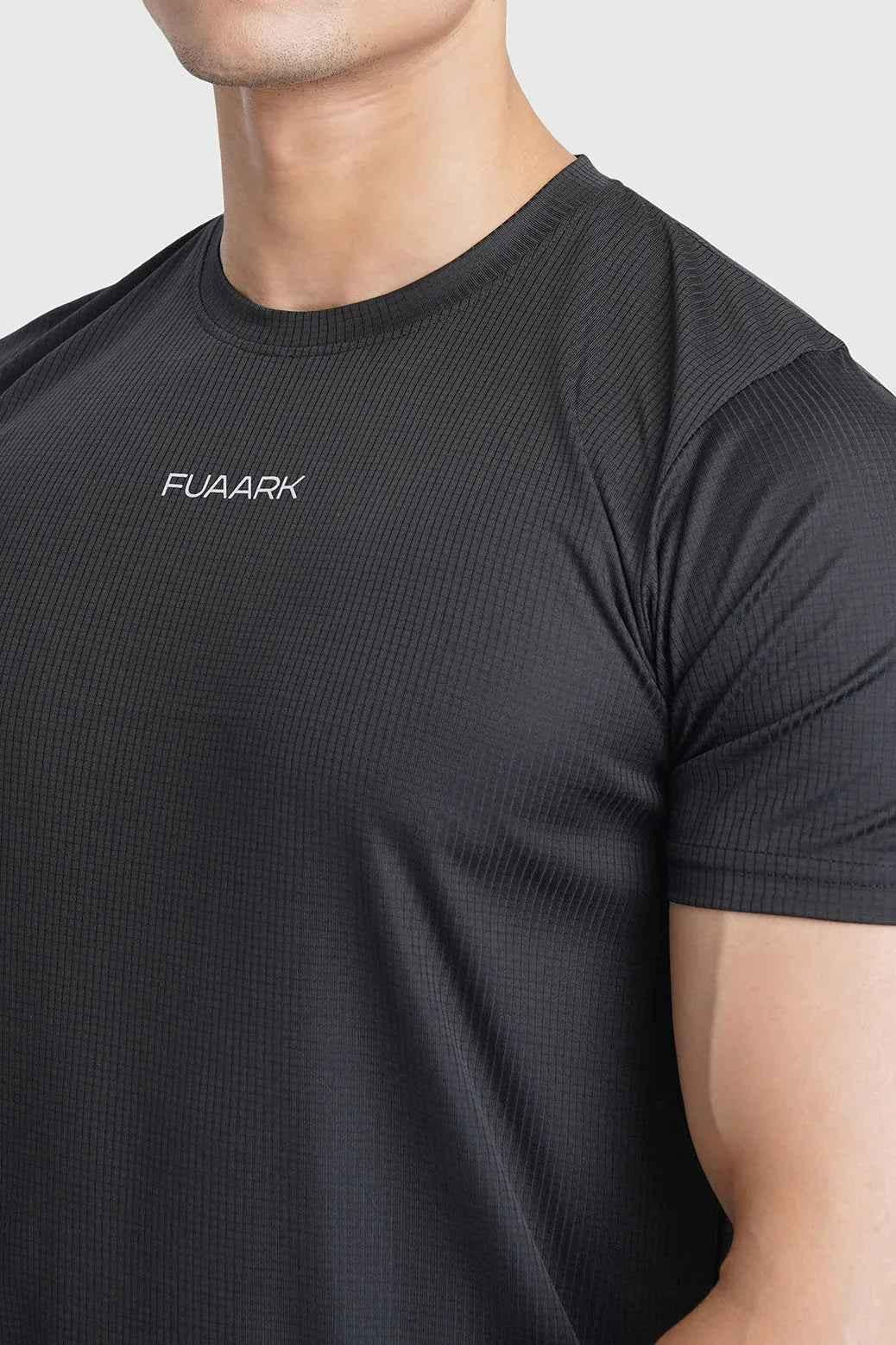 Black Checks Running T-shirt by Fuaark NZ, featuring a comfortable fit and stylish checkered pattern for active wear.