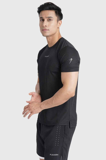 Black Checks Running T-shirt by Fuaark Nz, showcasing a comfortable athletic T-shirt with checkered pattern and sporty design.