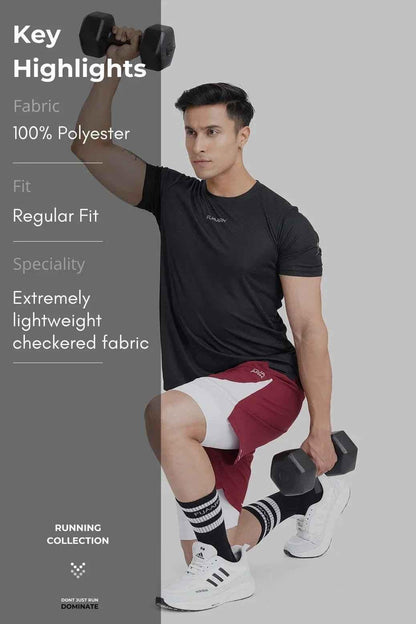 Black Checks Running T-shirt by Fuaark Nz, lightweight athletic tee with checkered pattern and comfortable fit.