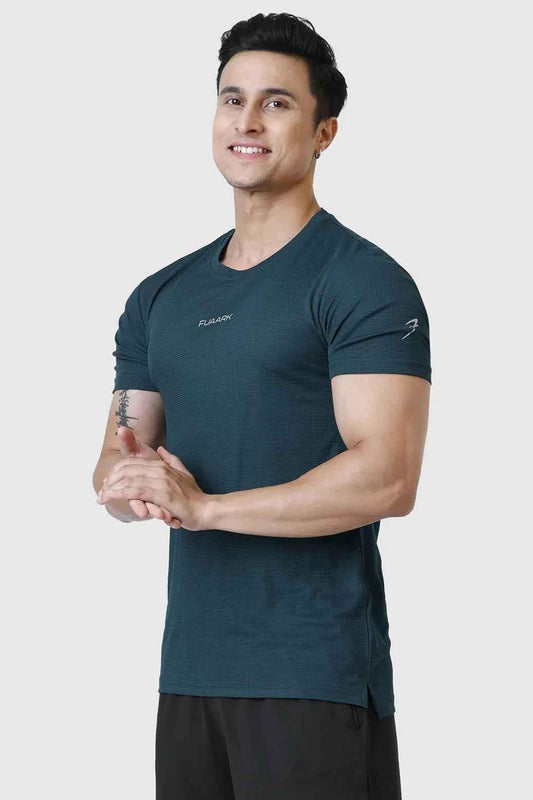 Bottle green Checks Running T-shirt by Fuaark Nz featuring a casual fit and checkered pattern, perfect for athletic and everyday wear.