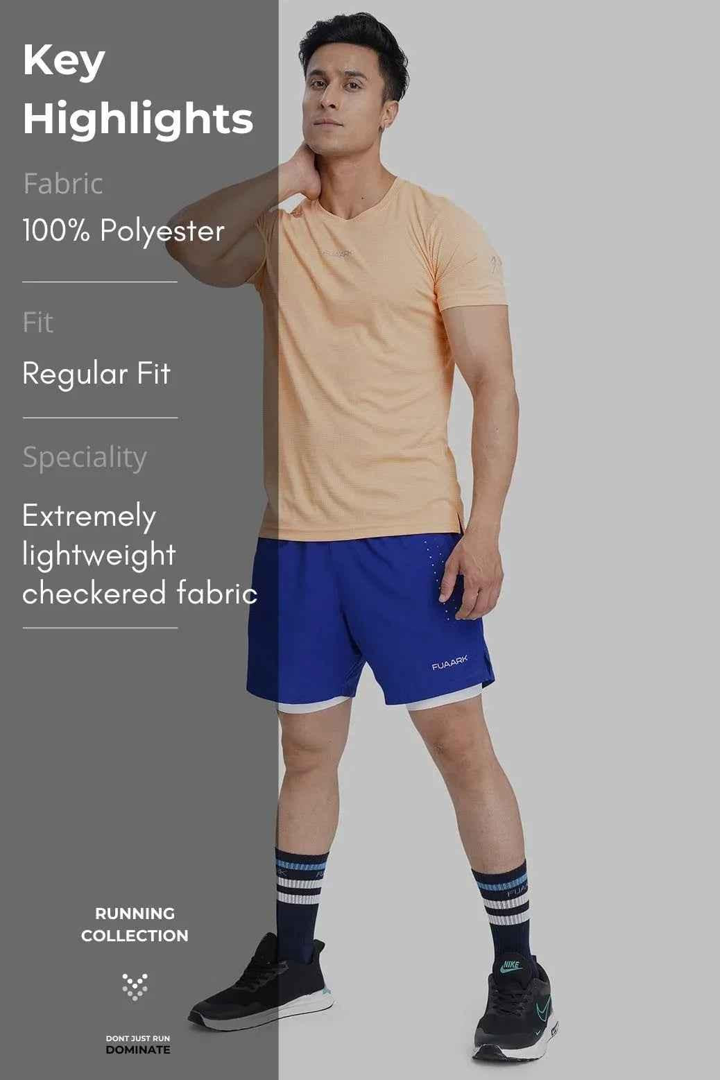 Peach Checks Running T-shirt by Fuaark NZ, lightweight athletic T-shirt with checkered pattern for running and casual wear.