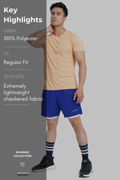 Peach Checks Running T-shirt by Fuaark NZ, lightweight athletic T-shirt with checkered pattern for running and casual wear.