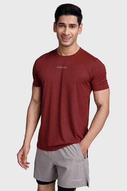 Fuaark Nz Checks Running T-shirt in Salsa color, made of breathable fabric, designed for active sports and running.