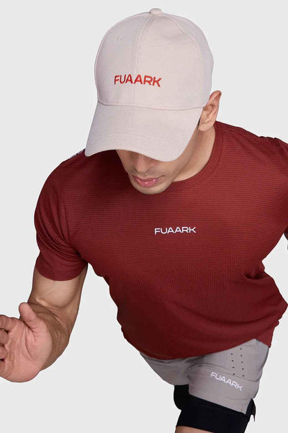 Fuaark Nz Checks Running T-shirt in salsa color, lightweight athletic T-shirt with checkered pattern for running and activewear.