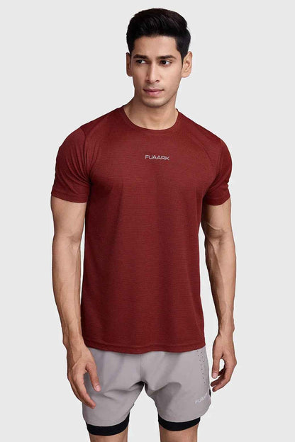 Fuaark Nz Checks Running T-shirt in Salsa color, showcasing a comfortable athletic T-shirt with checkered pattern and breathable fabric.