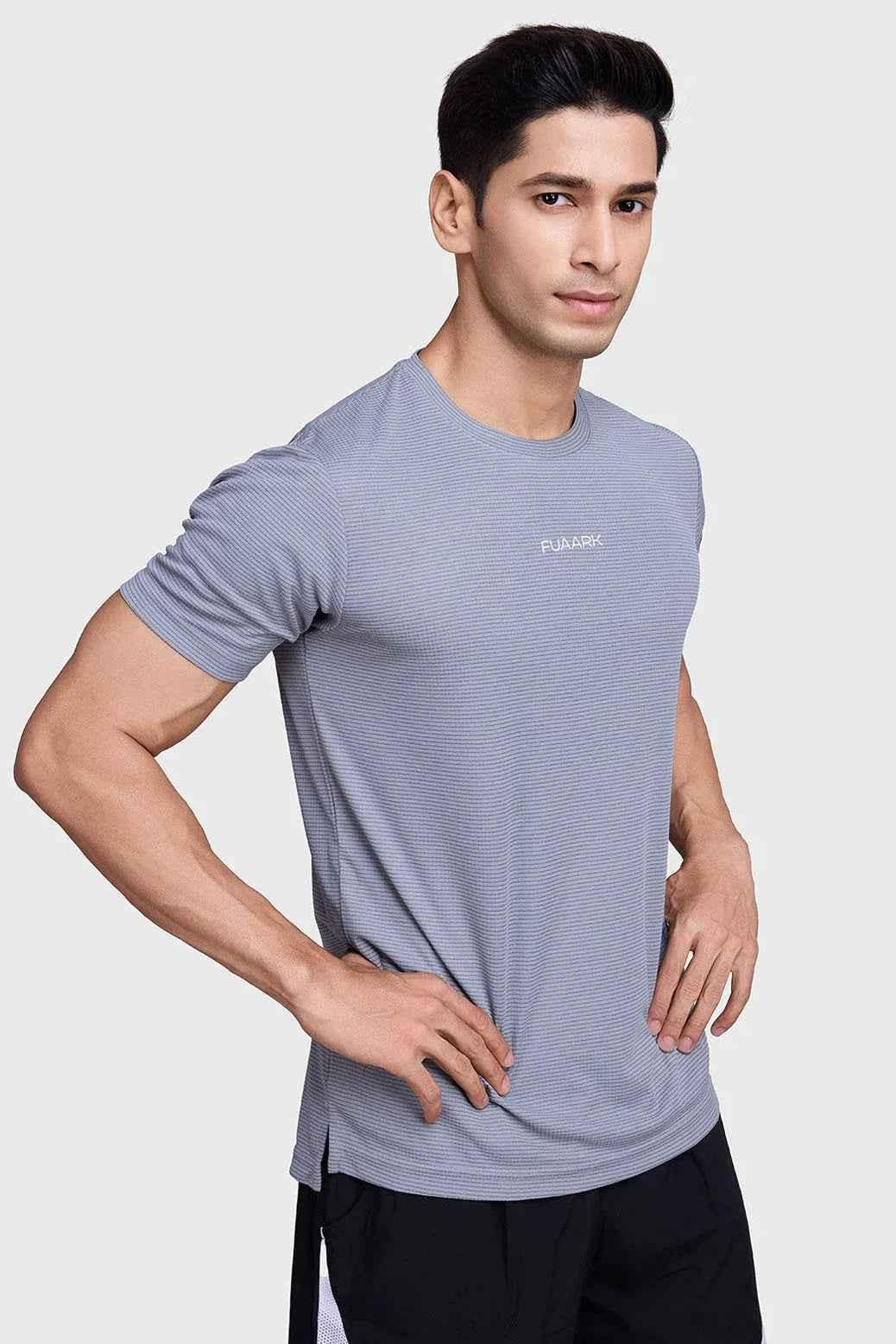 Fuaark Nz Checks Running T-shirt in Ultimate Grey, featuring a comfortable fit and stylish checkered pattern for activewear.
