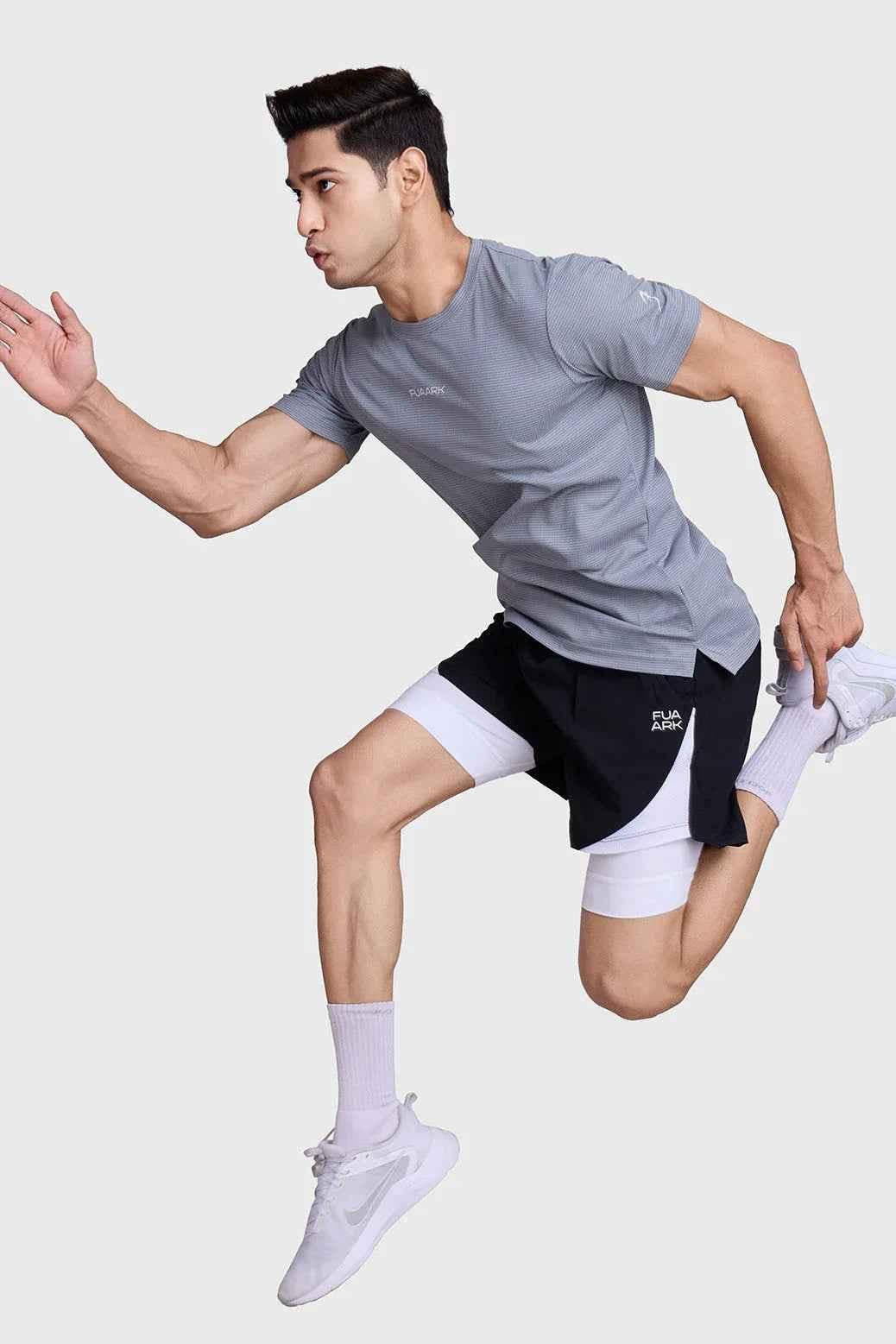Fuaark Nz Checks Running T-shirt in Ultimate Grey, casual athletic t-shirt with checkered pattern and comfortable fit.