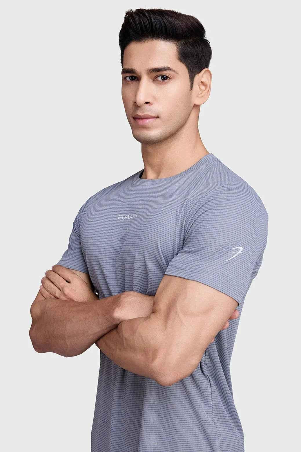 Fuaark Nz Checks Running T-shirt in Ultimate Grey, featuring a casual athletic design and checkered pattern.