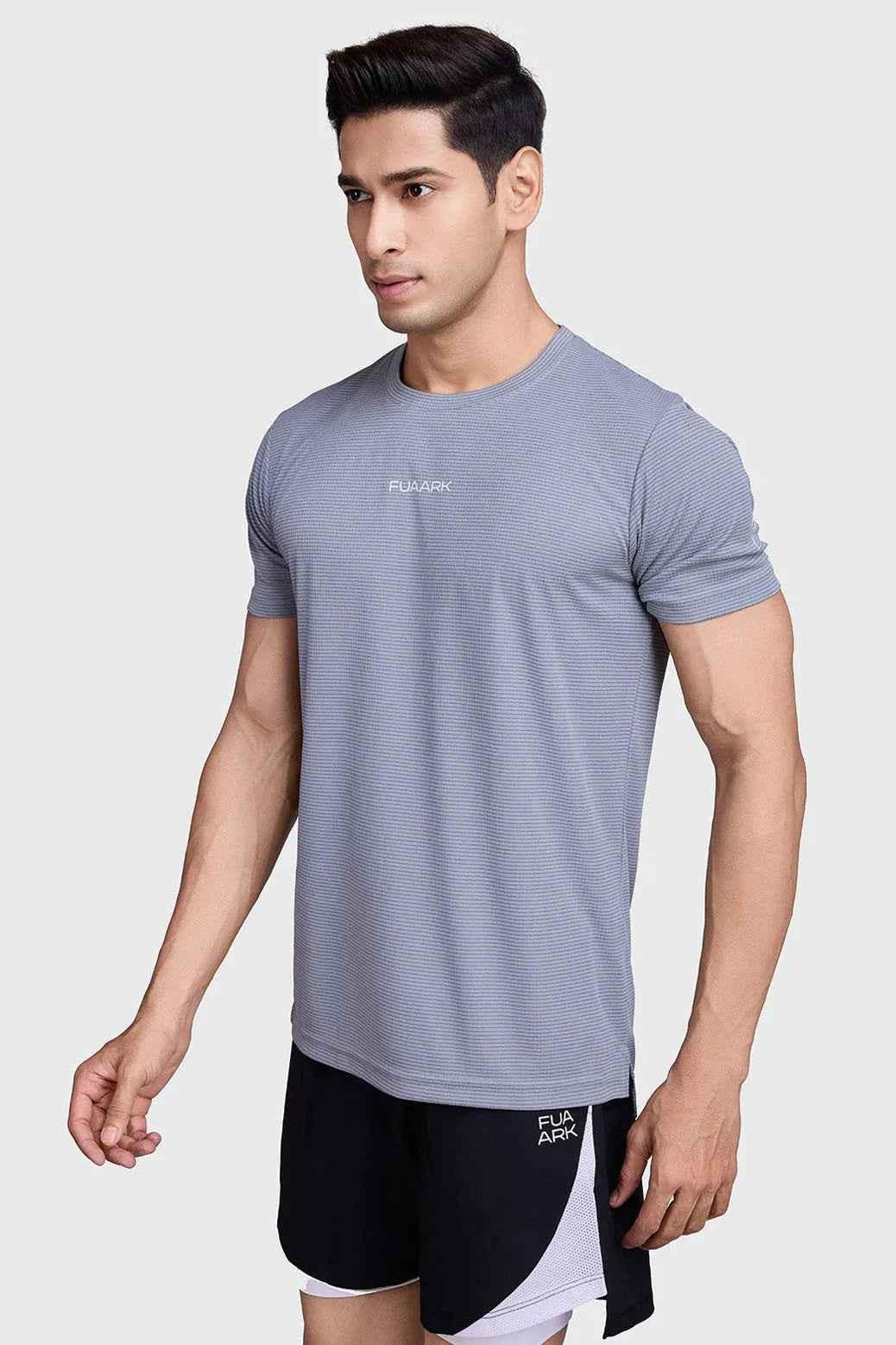 Fuaark Nz Checks Running T-shirt in Ultimate Grey, casual athletic t-shirt with checkered pattern, comfortable fit for active wear