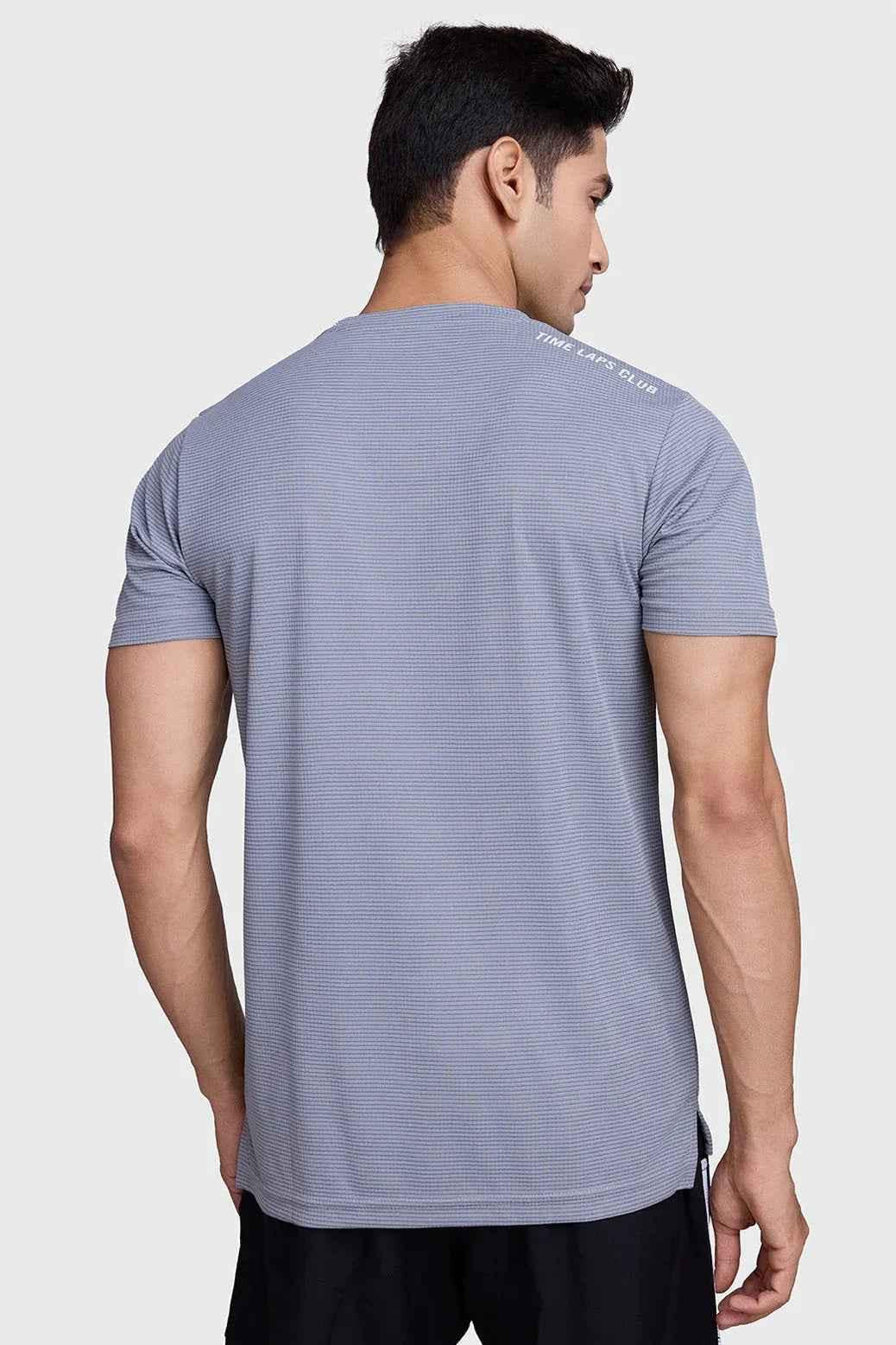 Fuaark Nz Checks Running T-shirt in Ultimate Grey, casual athletic T-shirt with a checkered pattern and sporty fit.