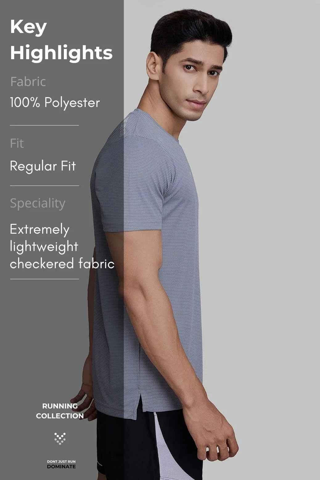 Fuaark Nz Checks Running T-shirt in Ultimate Grey, casual athletic T-shirt with checkered pattern and comfortable fit.