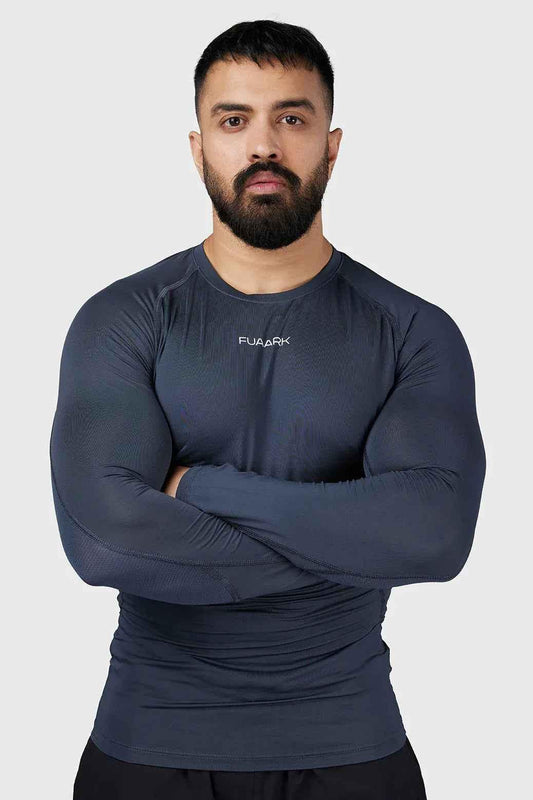 Grey Compression 2.0 Full Sleeves T-shirt by Fuaark Nz, shown in a close-up displaying the fabric and fit.