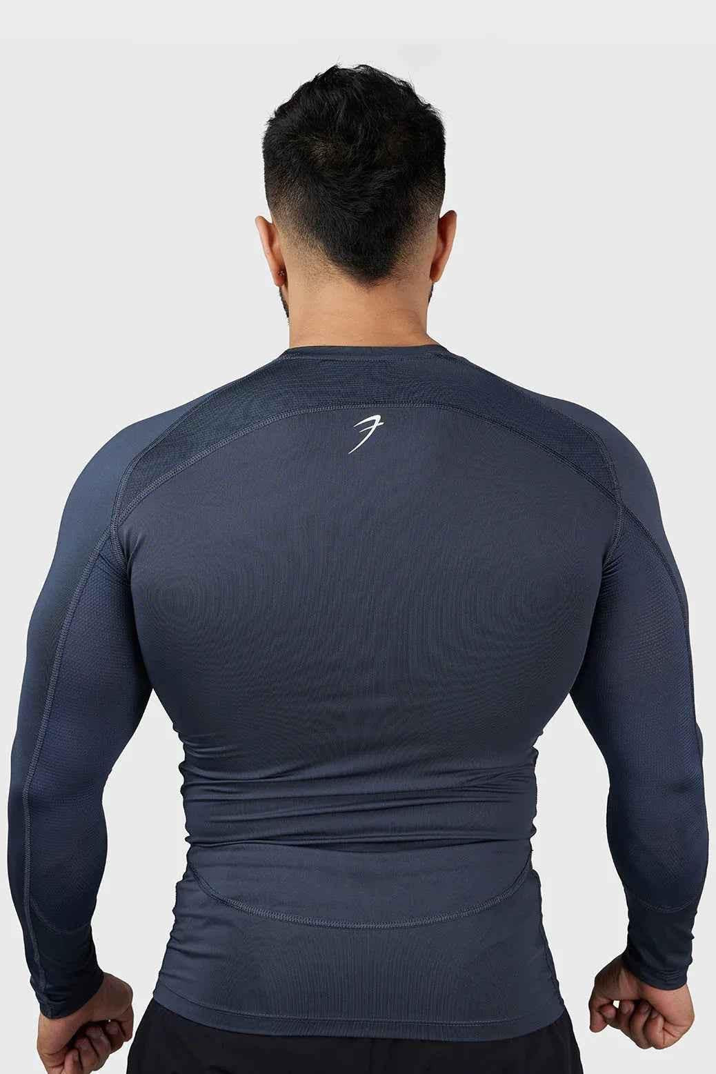 Fuaark Nz Compression 2.0 full sleeves grey T-shirt, close-up of soft fabric and fitted design for active wear.
